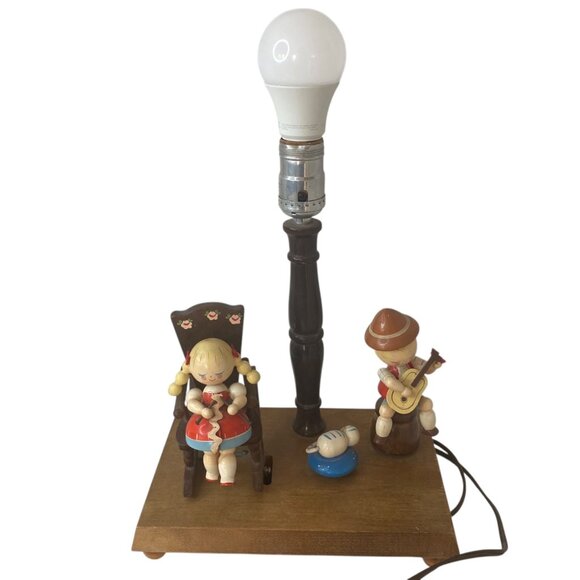 Vintage Nursery Plastics Wooden Figurine Table Lamp Kids Cat Musical Animated - Picture 3 of 11